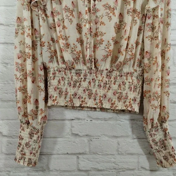 O Forever 21 Cream Wildflower Neck Tie Smocked Cropped Long Sleeve Top NWT M - Picture 9 of 13